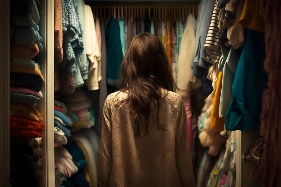 A woman stands in her walk-in wardrobe, looking at her clothes.